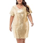 Anna-Kaci Women's Plus Size Short Sleeve Sequin Dresses V Neck T Shirt Shift Sparkle Dress