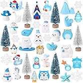 Skylety 50 Pieces Winter Miniature Figurines, Tiny Mini Resin Snow Globe Figurines Snowman Bear Animal Xmas Tree Fairy Garden House Xmas Ornaments for DIY Winter Snow Globe Craft Landscape Home Decor