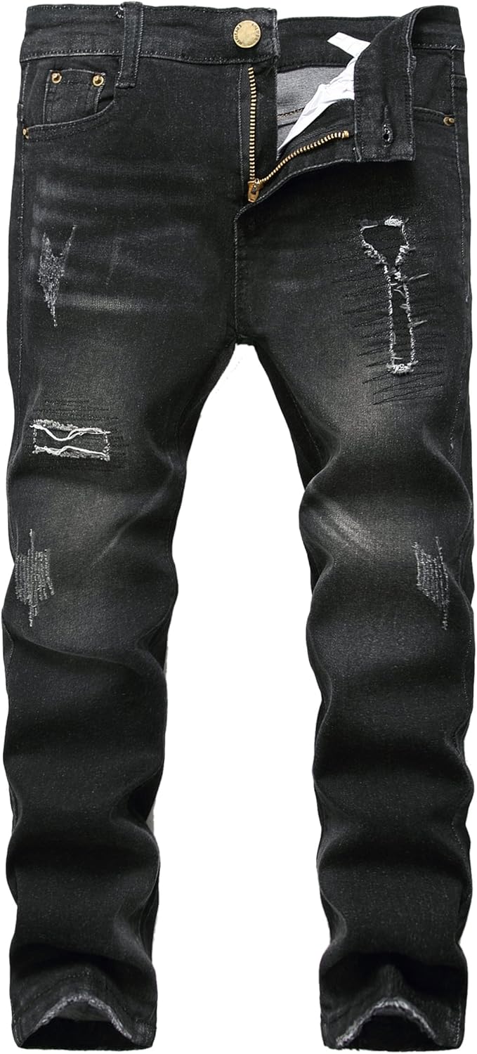 FREDD MARSHALL Boy's Black Skinny Ripped Destroyed Distressed Stretch Slim Fit Denim Jeans Pant: Clothing