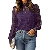HOTOUCH Lace Tops for Women Sheer Long Sleeve Blouses Dressy Casual Shirt with Camisole 2 PCS Set S-XXL