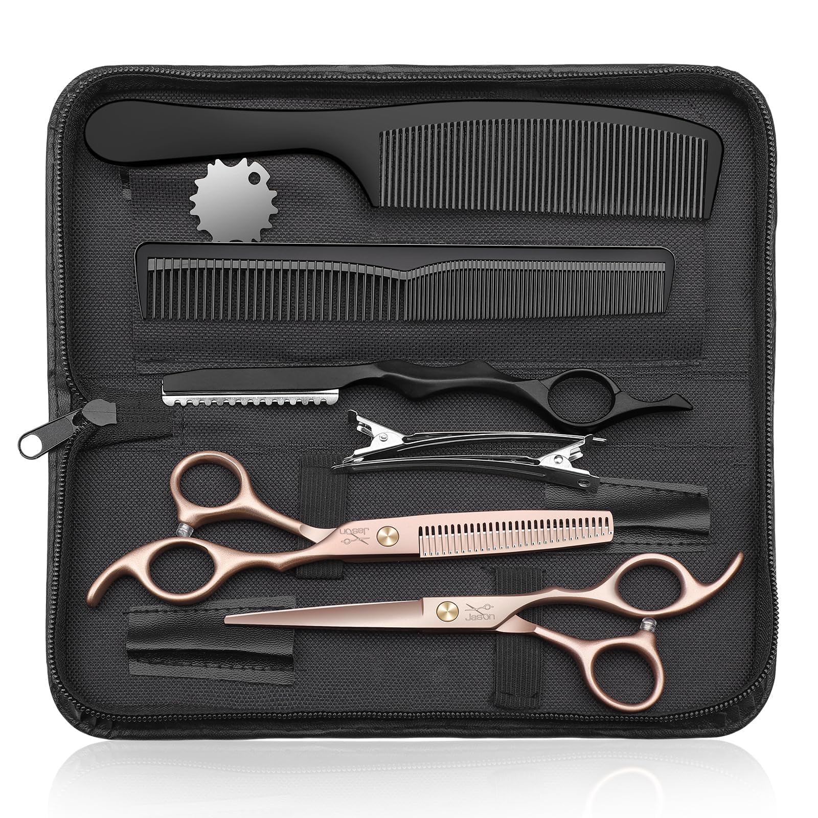 JASON Hairdressing Scissors Set Professional - Hair Scissors Set (Hair Cutting Scissors&Thinning Scissors) 6.5" Hair Scissors Hairdressing Scissors for Hairdresser/Beginner Hairdresser Set, Rose Gold