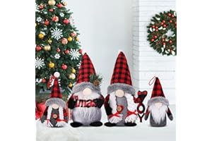 WISHDIAM Christmas Gnomes Plush with Red Buffalo Plaid, 4 Pack Buffalo Plaid Christmas Decorations for Home, Gnome Christmas Decorations, Christmas Gnomes Decor for Tiered Tray, Scandinavian Gnomes Plush