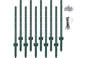 (4 Sizes: 4-5-6-7 Feet) LADECH 4 Feet Sturdy Duty Metal Fence Post with 20 Zip Ties & 20 Post Clips – Garden U Posts for Fencing (4 Feet - Light - Set 10)