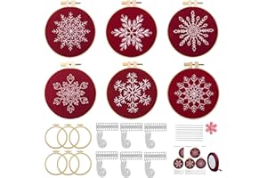 CMINAUS 6 Sets Christmas Embroidery kit for Beginners Adults, Antique Red Christmas Ornament Kit Snowflakes Needlepoint Cross Stitch Kits with Patterns, Stitch Learning Kit with Needles Ropes Ribbon-Red