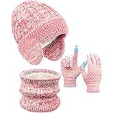 Kids Winter Hat Gloves Scarf Set,Toddler Girls Boys Beanie Hat with Earflaps,Knit Mittens & Neck Gaiter Warmer for Kids 4-12