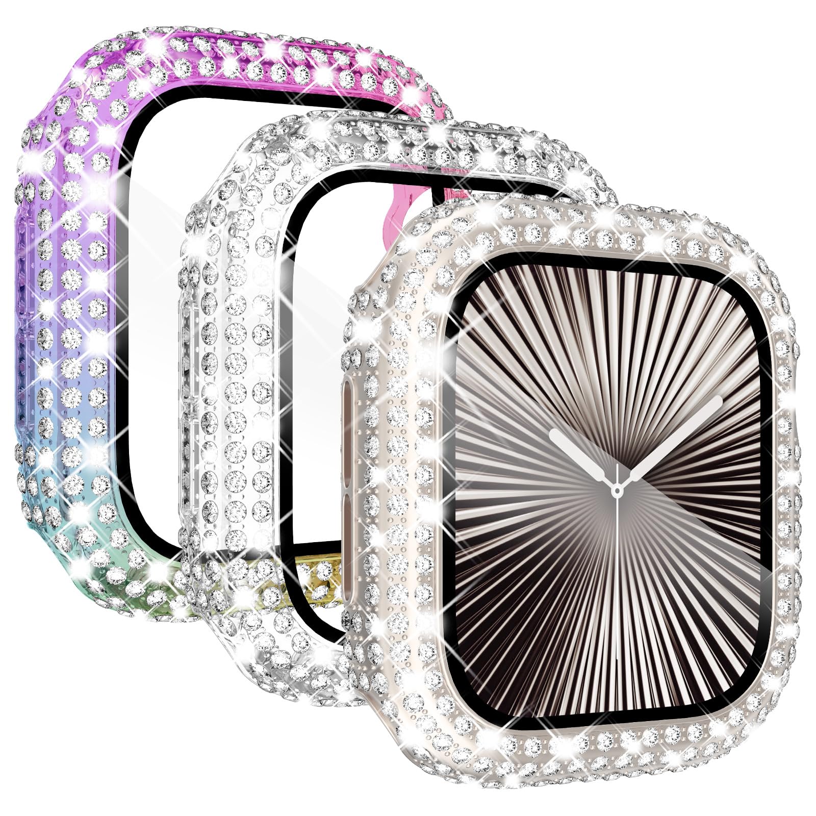 KADES 3-Pack Bling Cases Compatible with Apple Watch Case 44mm Full Diamond with Built-in Screen Protector for Apple Watch Series SE3 SE2 6 5 4 SE (44mm, Starlight/Iridescent/Clear)