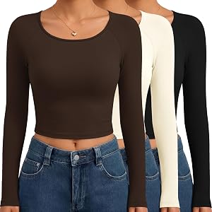 Ekouaer Crop Tops for Women Long Sleeve Shirts Raglan Fall Clothes 3 Pack | Scoop Neck Tshirt, Slim Fit, Stretchy, Underscrub