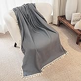 HSOFTIFY 100% Pure Linen Blanket with Fringe, 49.6" x 59.8" - Linen Blankets Lightweight Breathable, Decorative Linen Throw Blanket for Living Room Couch Sofa and Bed,Gray
