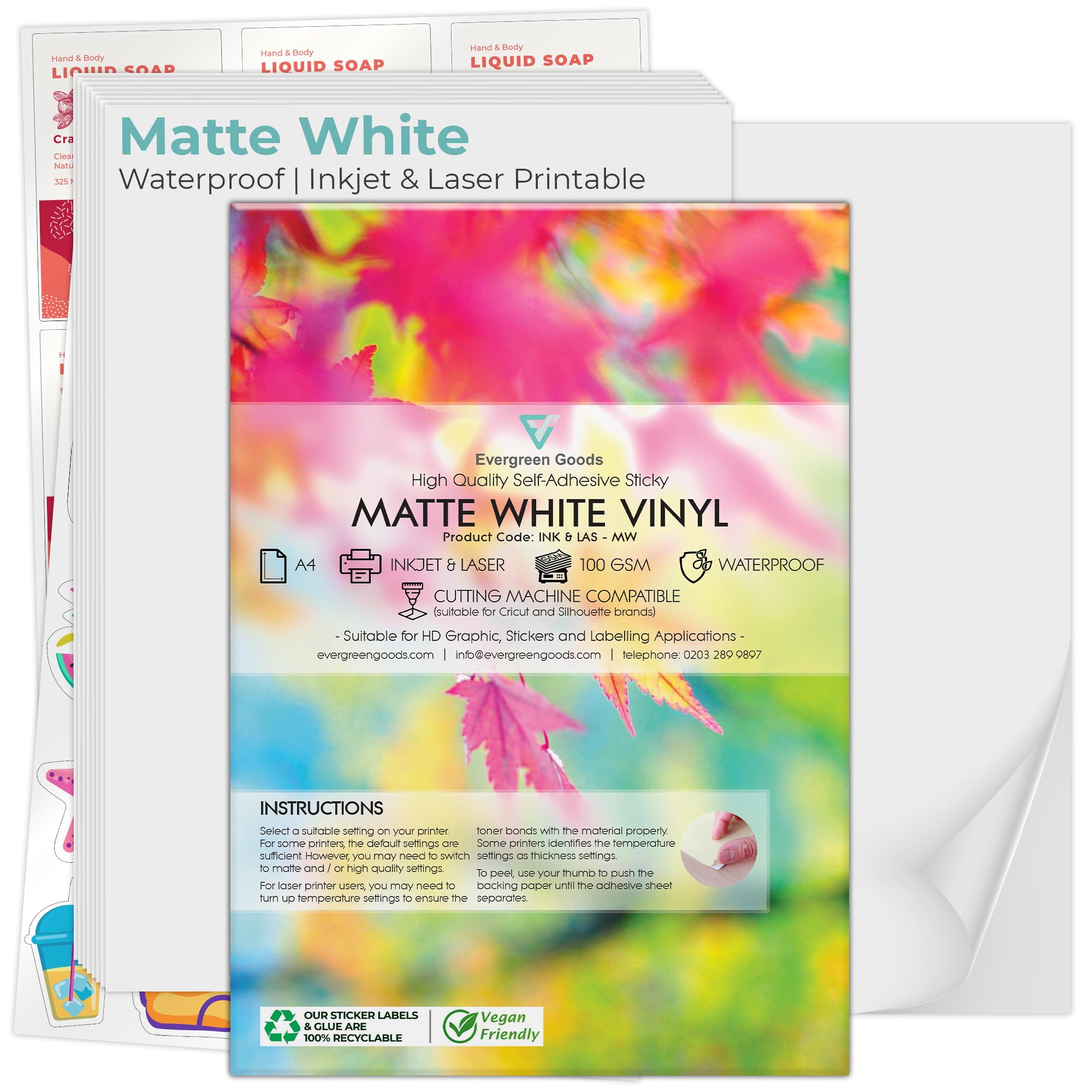 Evergreen Goods 100 Sheets A4 Water Resistant Vinyl Sticker Paper, Self-Adhesive Matte White PVC Sticker Sheets, 200 GSM, Inkjet & Laser Printable, Perfect for Custom Labels & High-Resolution Stickers