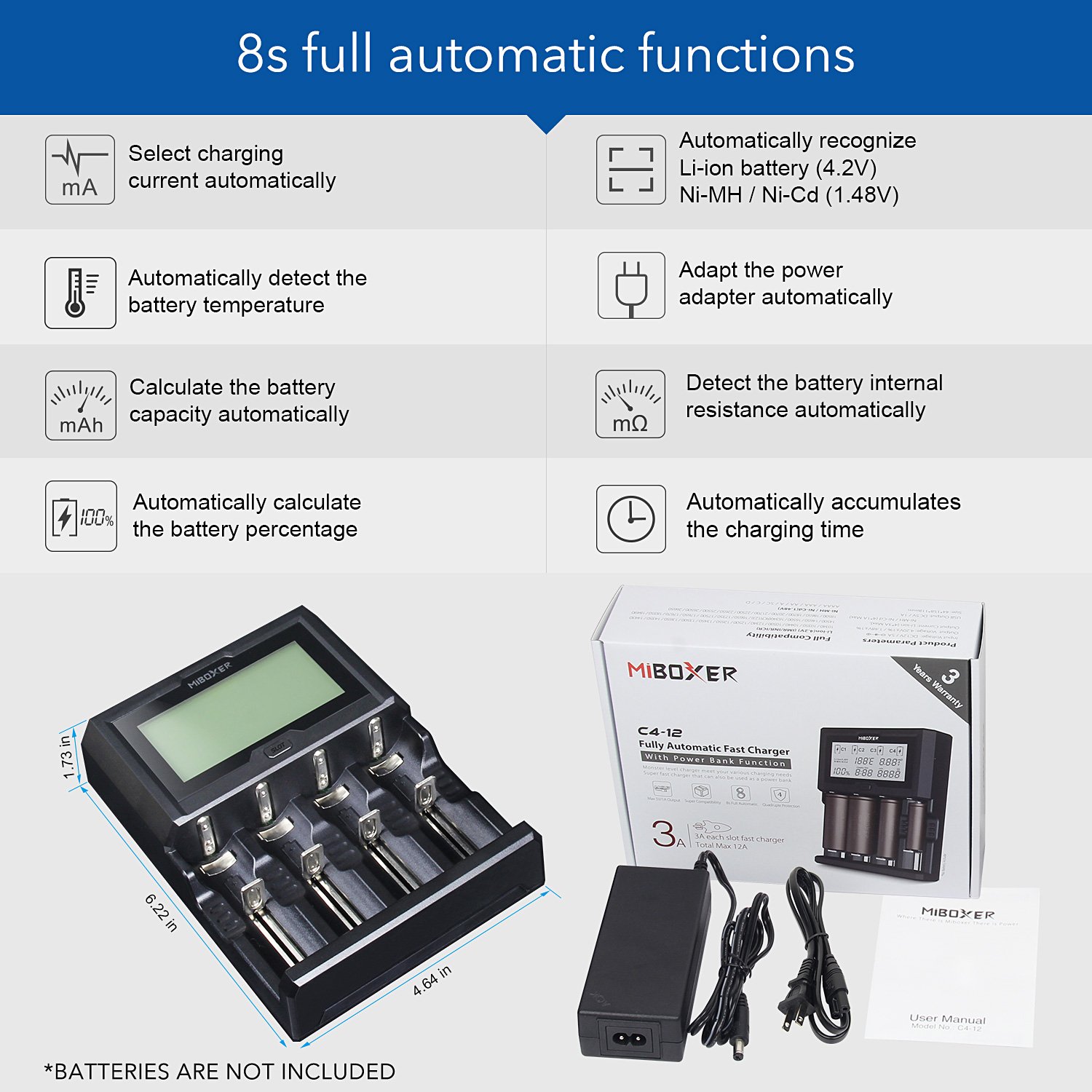 Miboxer C4-12 Smart Battery 18650 265650 Charger 4-Slot LCD Screen 3.0A/slot total 12A simultaneously for Li-ion/IMR/INR/ICR/Ni-MH/Ni-Cd rechargeable batteries