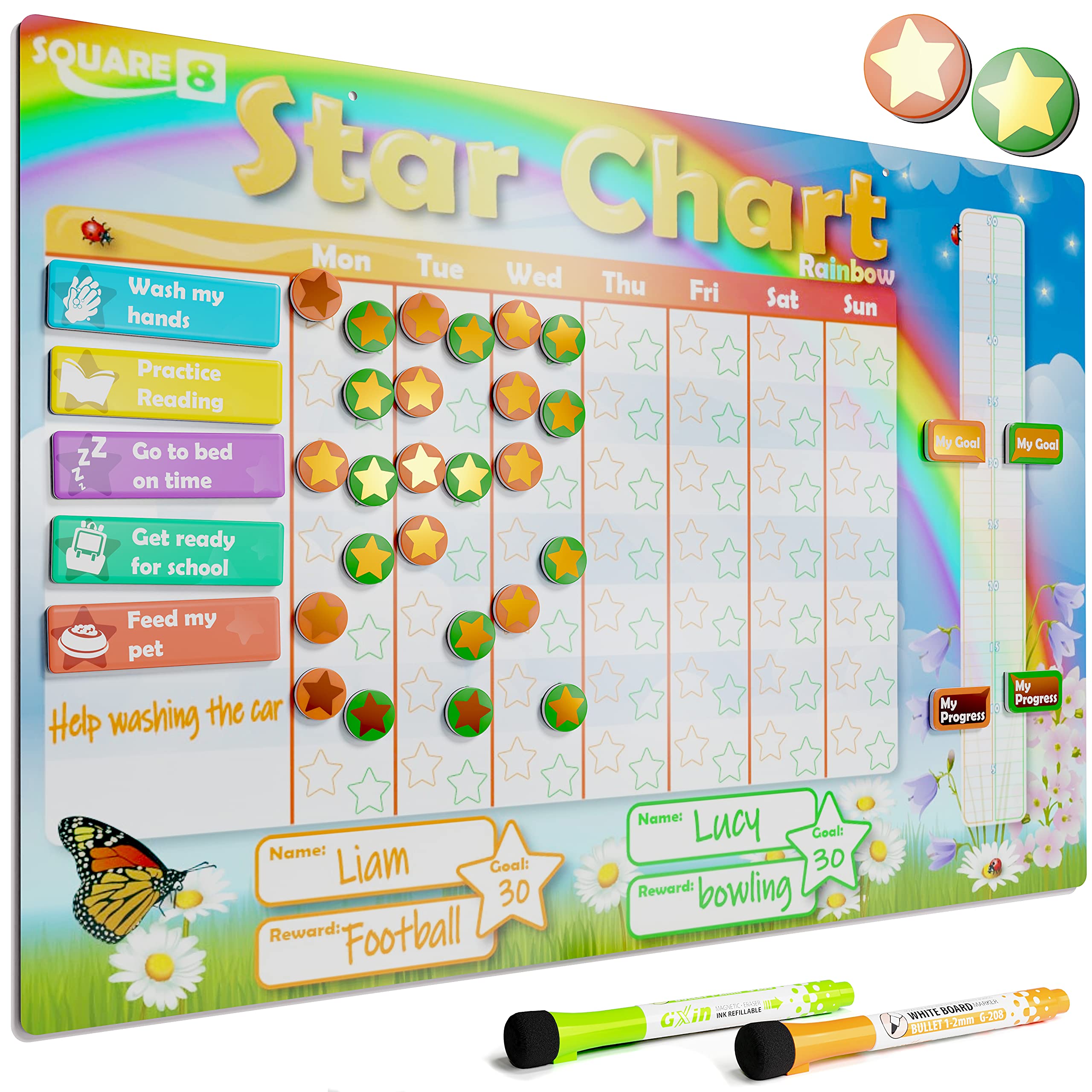 Square 8 (Rainbow) Magnetic Reward Chart with Golden Stars, Encourage Good Behaviour and Develop Life-Long Positive Habits. Reward Stars, Marker Pens & Activity Magnets..