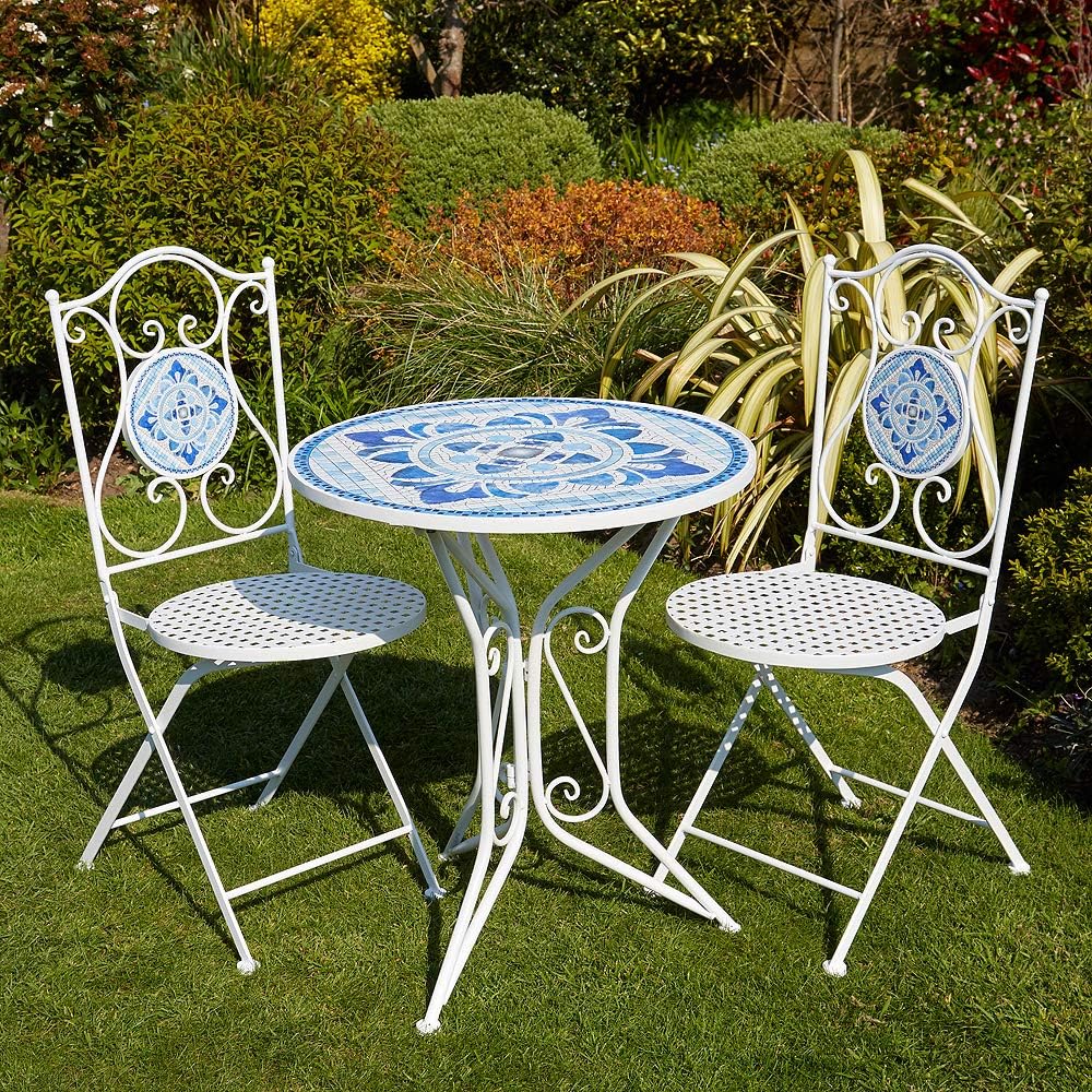 Home Source Fenton Mosaic Patio Table and 2 Folding Chairs Set White