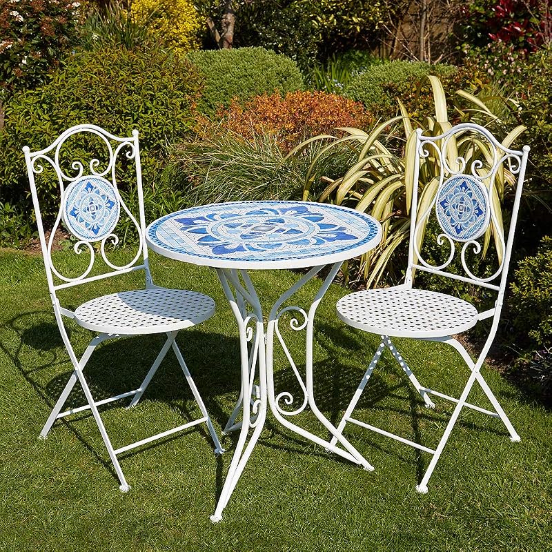 Home Source Fenton Mosaic Patio Table and 2 Folding Chairs Set White