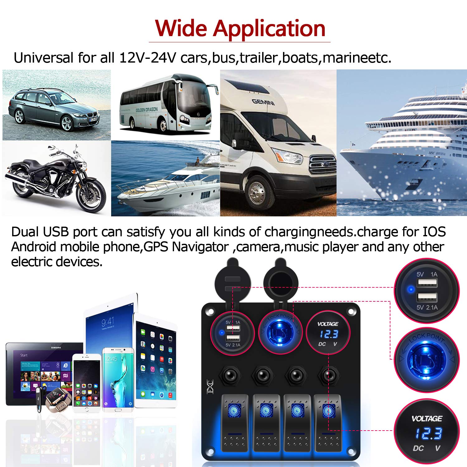 FXC Waterproof Marine Boat Rocker Switch Panel 4 Gang with 3.1A Dual USB Slot Socket + Cigarette Lighter +LED Voltmeter with Overload Protection for Car Rv Vehicles Truck (4 Gang Blue LED) (4 Blue): Industrial & Scientific