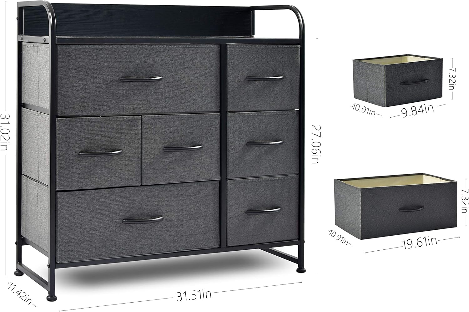 charaHOME Drawer Dresser(Gray) Dresser Organizer with 7 Drawers, Fabric Dresser Storage Tower for Bedroom, Hallway, Entryway, Closets, Sturdy Steel Frame, Wood Top & Handles: Kitchen & Dining