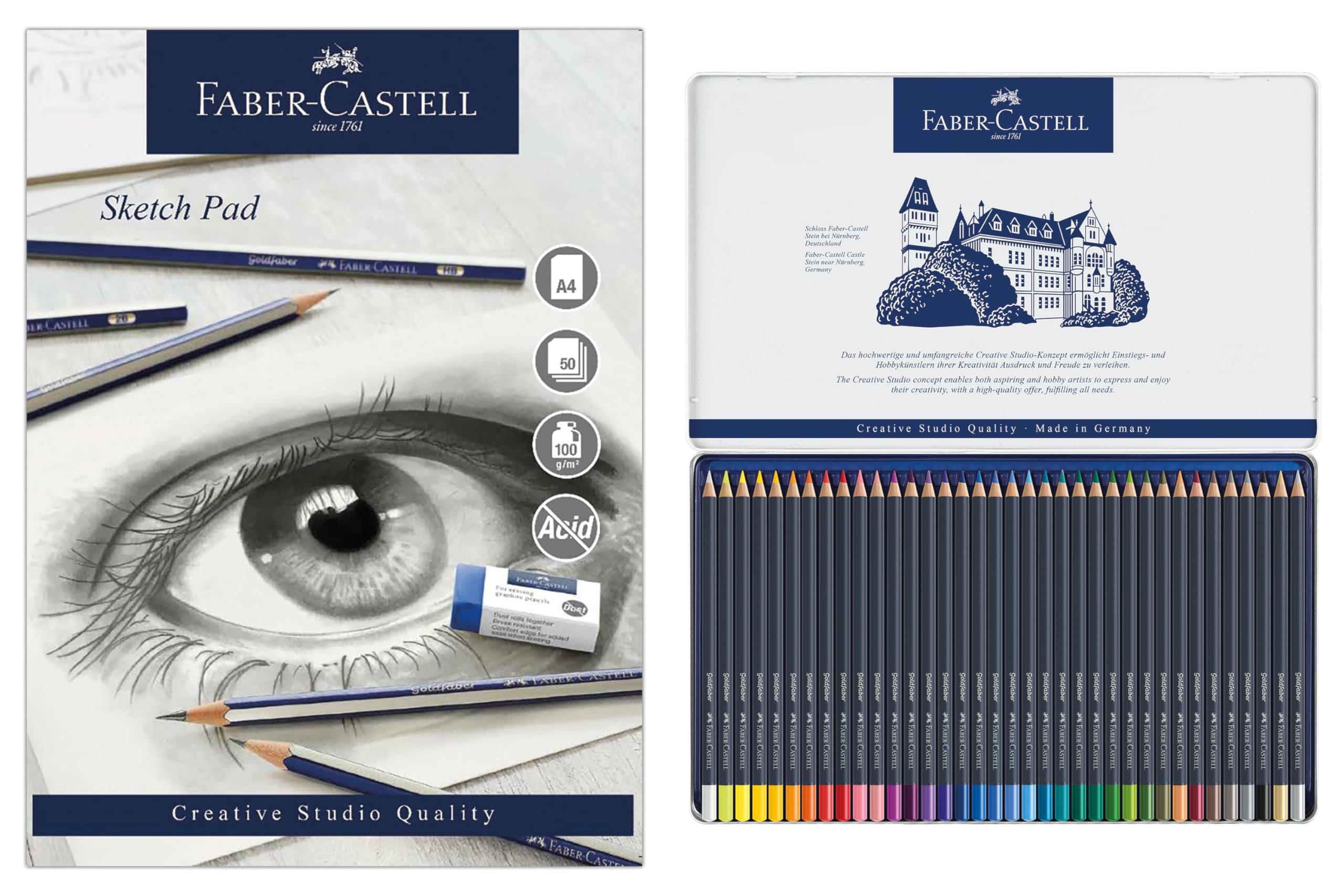 Faber-Castell Goldfaber, Colour Pencil Set, Tin Of 36 & Sketch Pad, A4, Gummed Paper Pad 100 GSM, 50 Sheets
