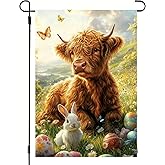 Easter Garden Flags 12x18 Double Sided, Burlap Farmhouse Rustic Highland Cow Bunny Garden Flag Outdoor Easter Spring Decorations for Home Porch, Small Decorative Yard Lawn Porch Flags for Outside