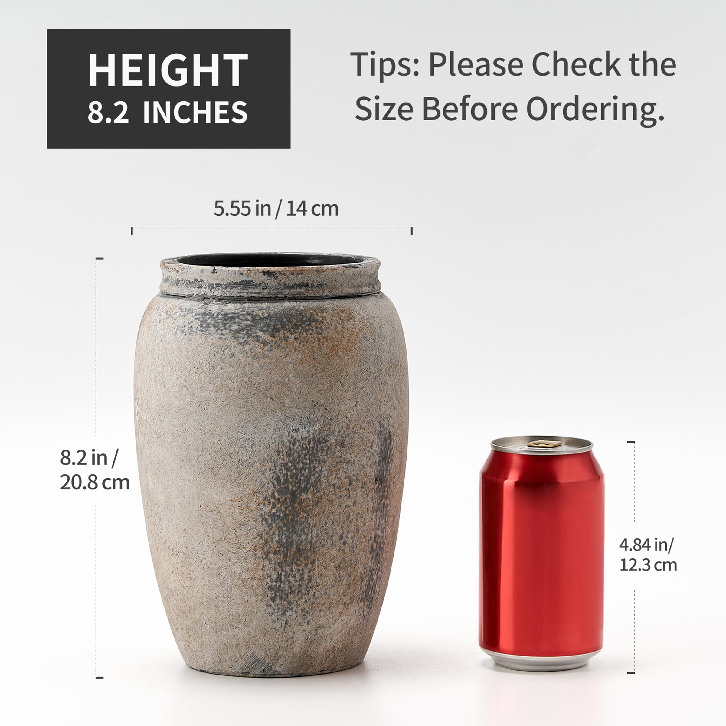 PORCER 8.2 Inch Ceramic Vase, Terracotta Rustic Vase Farmhouse Decorative Vase Boho Decor, Ceramic Vases for Home Decor, Living Room, Entryway, Floor, Holiday Wedding Christmas New Year Gifts - Gray - Image 2