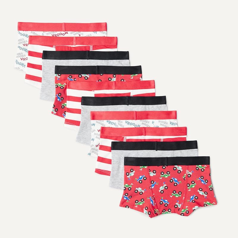 Culotte Boxer en Jersey de Coton Garçon, Lot de 10, Gris/Rayures/Camions, 8-9 ans