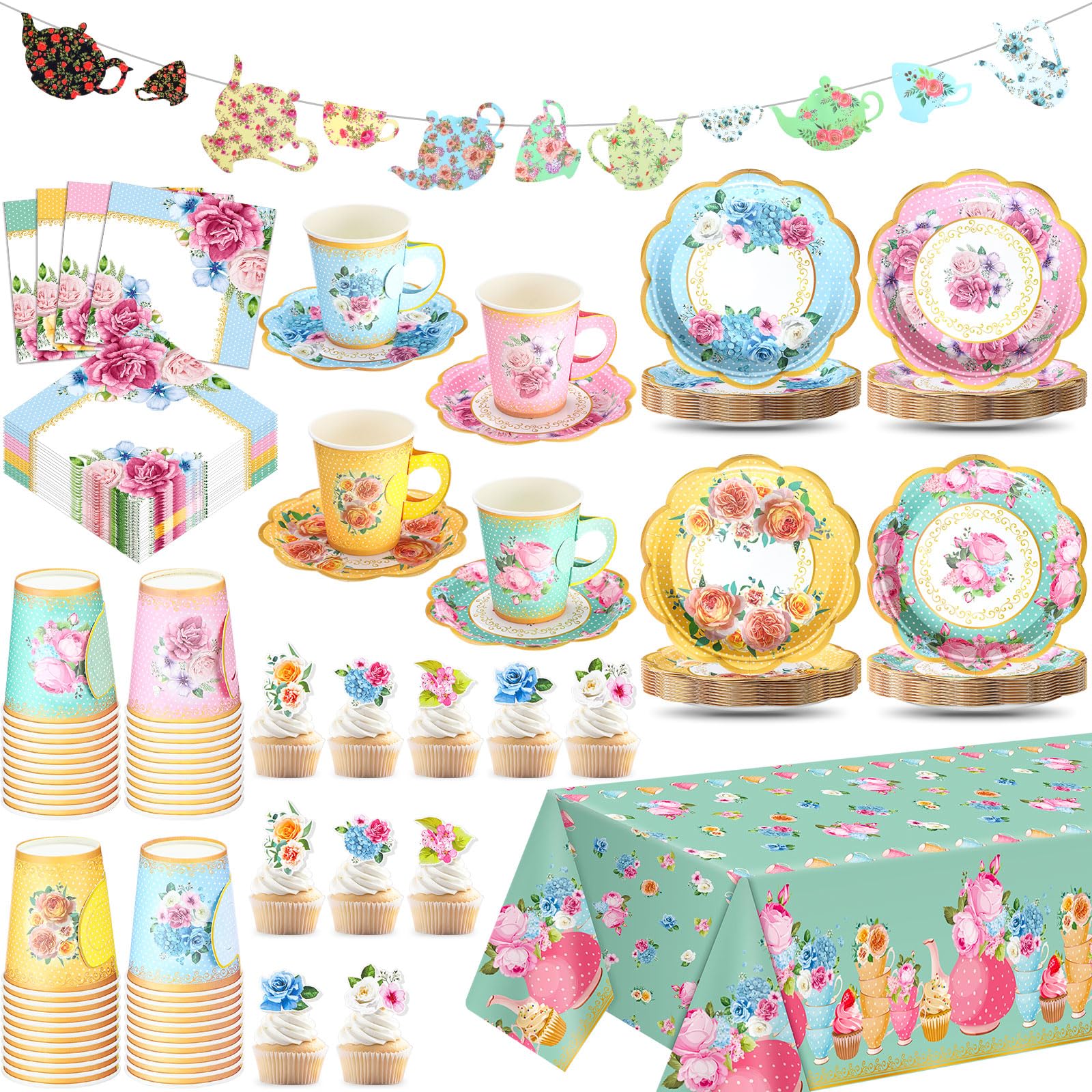 Photo 1 of FoldTier 162 Pcs Floral Paper Tea Party Supplies Disposable 9 oz Tea Cup with Handle Flower Plates Napkin Cupcake Topper Decoration Banner Plastic Tablecloth for Birthday Wedding Bridal Baby Shower