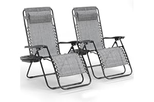 RICHRYCE Zero Gravity Chair Set of 2, 350 lbs Capacity, Reclining Folding Outdoor Chairs with Adjustable Headrest & Cup Holder, Anti - Gravity Loungers for Backyard, Patio, Lawn, Poolside (Gray)