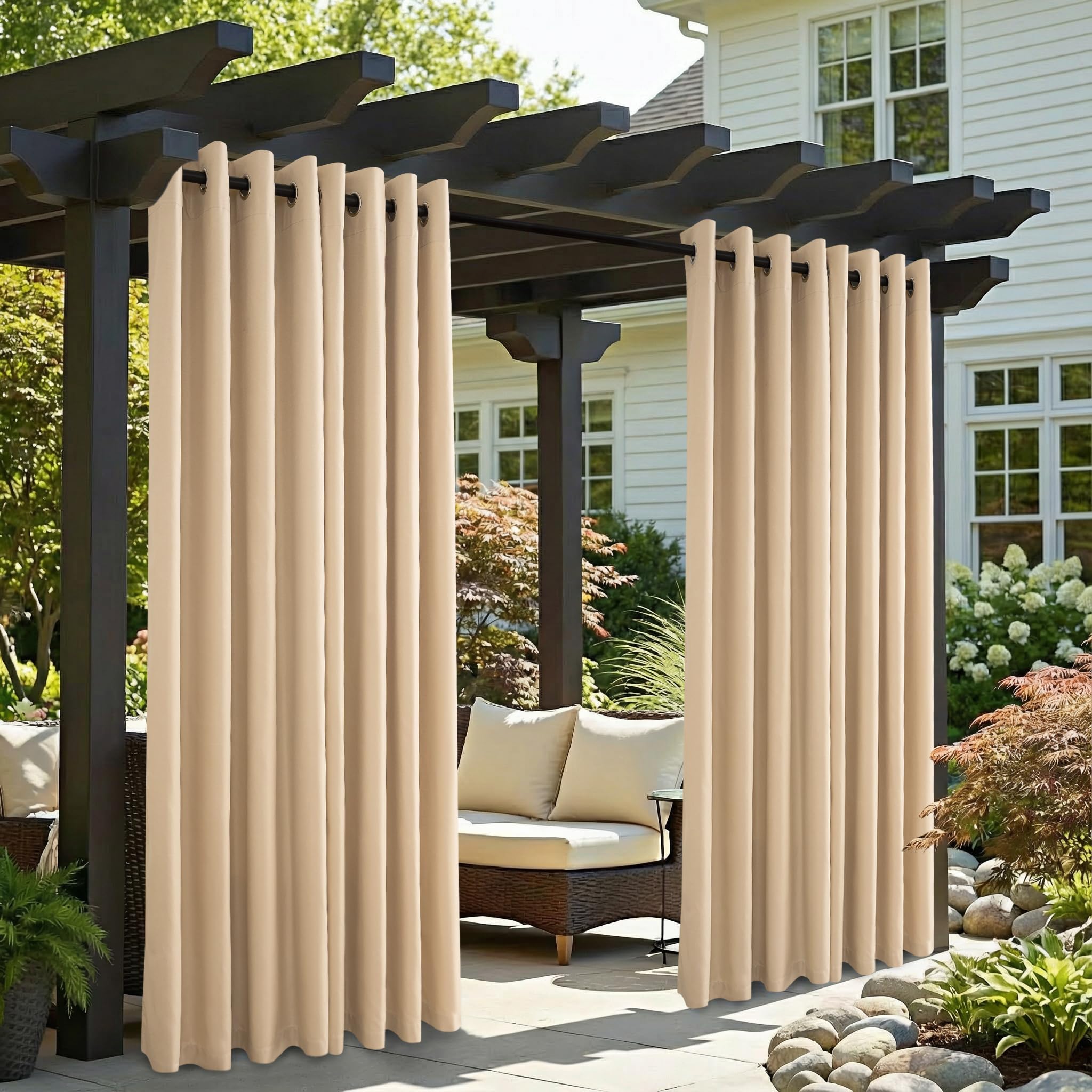 132 x 275 cm Beige Outdoor Curtains with Eyelets, Windproof, Waterproof, Flour Resistant, for Garden, Balcony, Beach Home, Foyer, Cabana