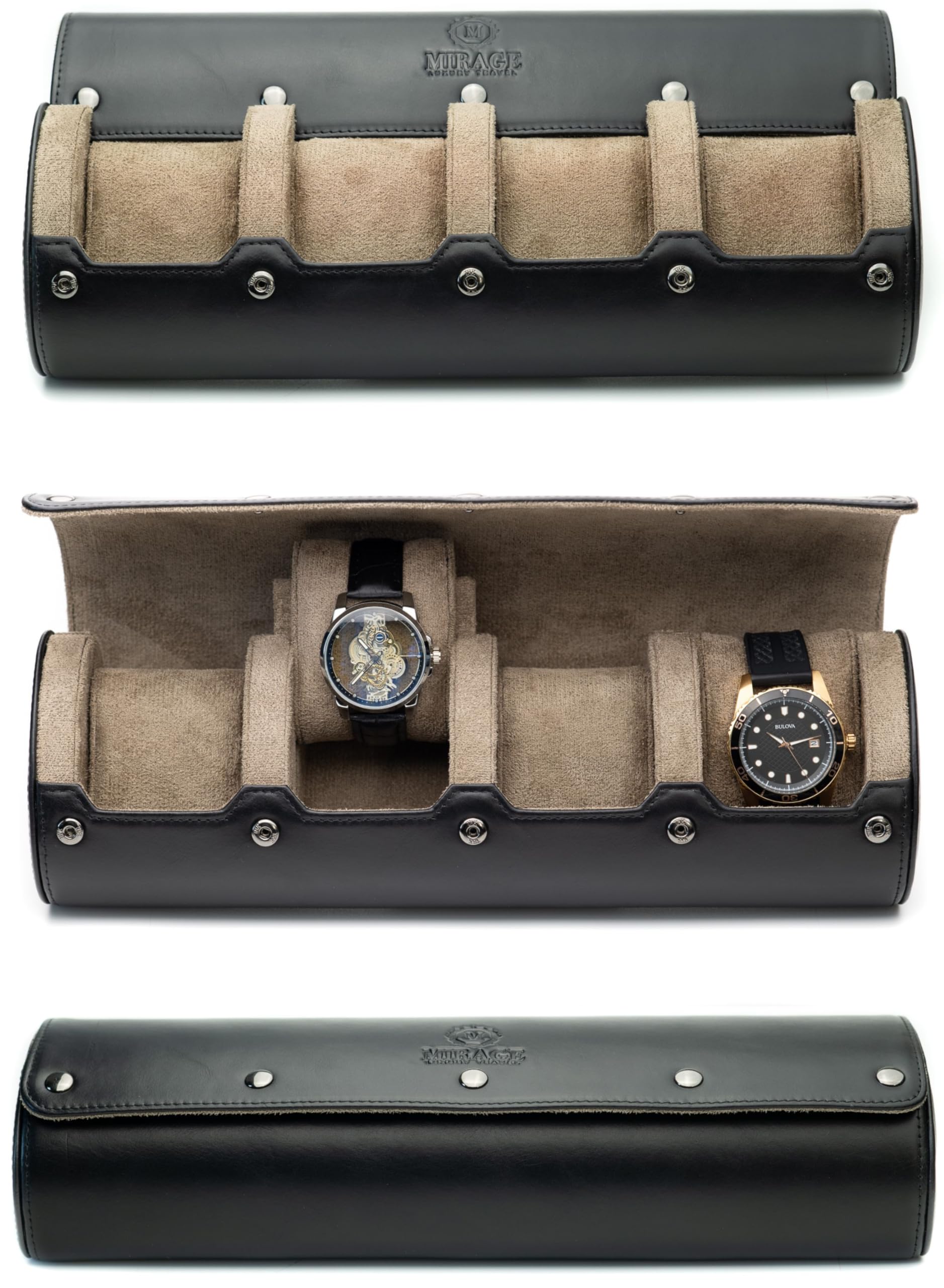 Photo 1 of 4 Watch Travel Case for Men Watch Roll Leather Watch Case Travel – Sable Black Full Grain Cow Leather - MIrage Heritage Collection