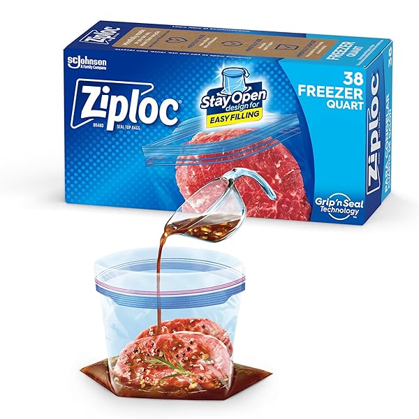 ZIPLOC QUART FOOD STORAGE FREEZER BAGS, NEW STAY OPEN DESIGN WITH STAND-UP BOTTOM, EASY TO FILL, 38 COUNT