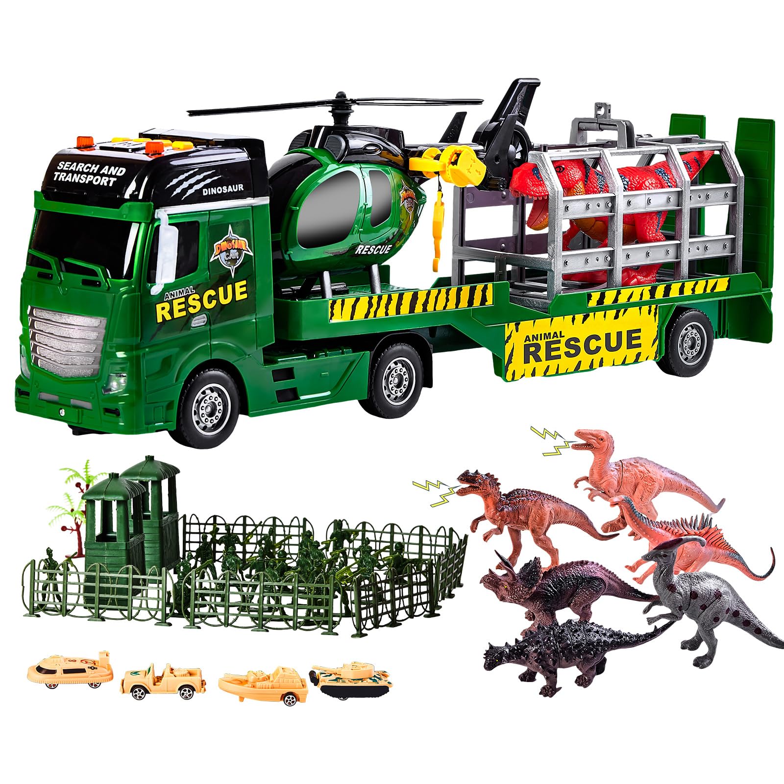Photo 1 of 103 PCS Dinosaur Truck Vehicle Toy Set, 25.6" Big Semi Truck Toy,Truck Toys Set with Dinosaur,Helicopter,Soldier, Truck in Carrier Truck, Dinosaur Park Toy Chritsmas Gift for 3+ Year Old Boys and Kids