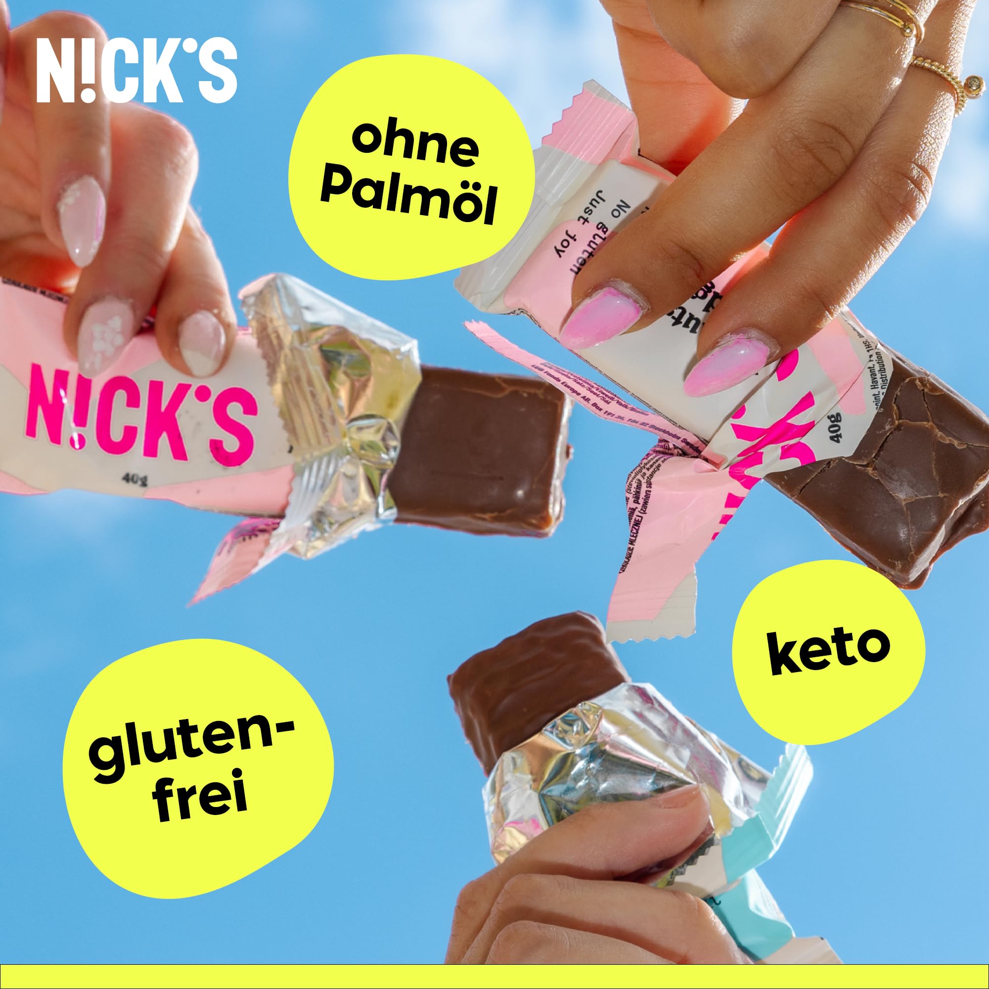 NICKS Schokolade Keto Riegel ohne Zuckerzusatz, Favoriten Mix box mit Schokoriegel Glutenfrei, Low carb Süßigkeiten ohne Palmöl (Probierpaket mit 12 Snacks bars) 5