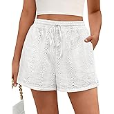 KIRUNDO Shorts for Women Summer Casual Lace Elastic Waist Drawstring Cute Eyelet Boho Lounge Shorts Beach Vacation Outfits