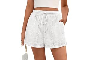 KIRUNDO Womens Shorts Casual Loose Eyelet Elastic Waist Drawstring Lounge Shorts Lace Boho Beach 2026 Spring Summer Outfits