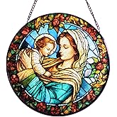 Virgin Mary and Baby Jesus Stained Glass Window Hanging, 8''/20CM Suncatchers for Windows Christian Decorative Hanging Ornaments Stained Glass for Chirstmas Suncatcher Window Panel Gift Home Decor