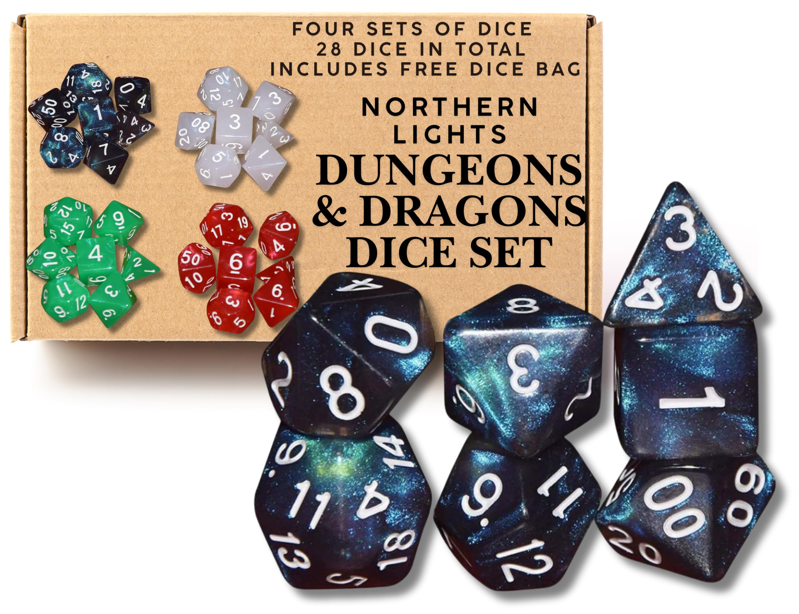 Space Themed x28 DnD Dice Set – Dungeons and Dragons Die Set with Free Dice Pouch – D&D Dice Set - D20 D12 D8 D4 D6 D4 - Polyhedral Dice Sets - D and D Dice Northern Lights Poly Sets x4 (Aurora)