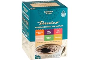 Teeccino Dandelion Tea Sampler - Caramel Nut, Coconut, Dark Roast, Mocha Mint, Red Chai, Turmeric - Roasted Herbal Tea, Caffeine Free & Prebiotic with Detoxifying Dandelion - 12 Tea Bags