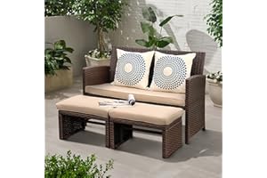 OC Orange-Casual Outdoor Loveseat 3 Piece Patio Furniture Set Outdoor Conversation Set All-Weather Wicker Love Seat with Ottoman/Side Table, Brown Rattan, Beige