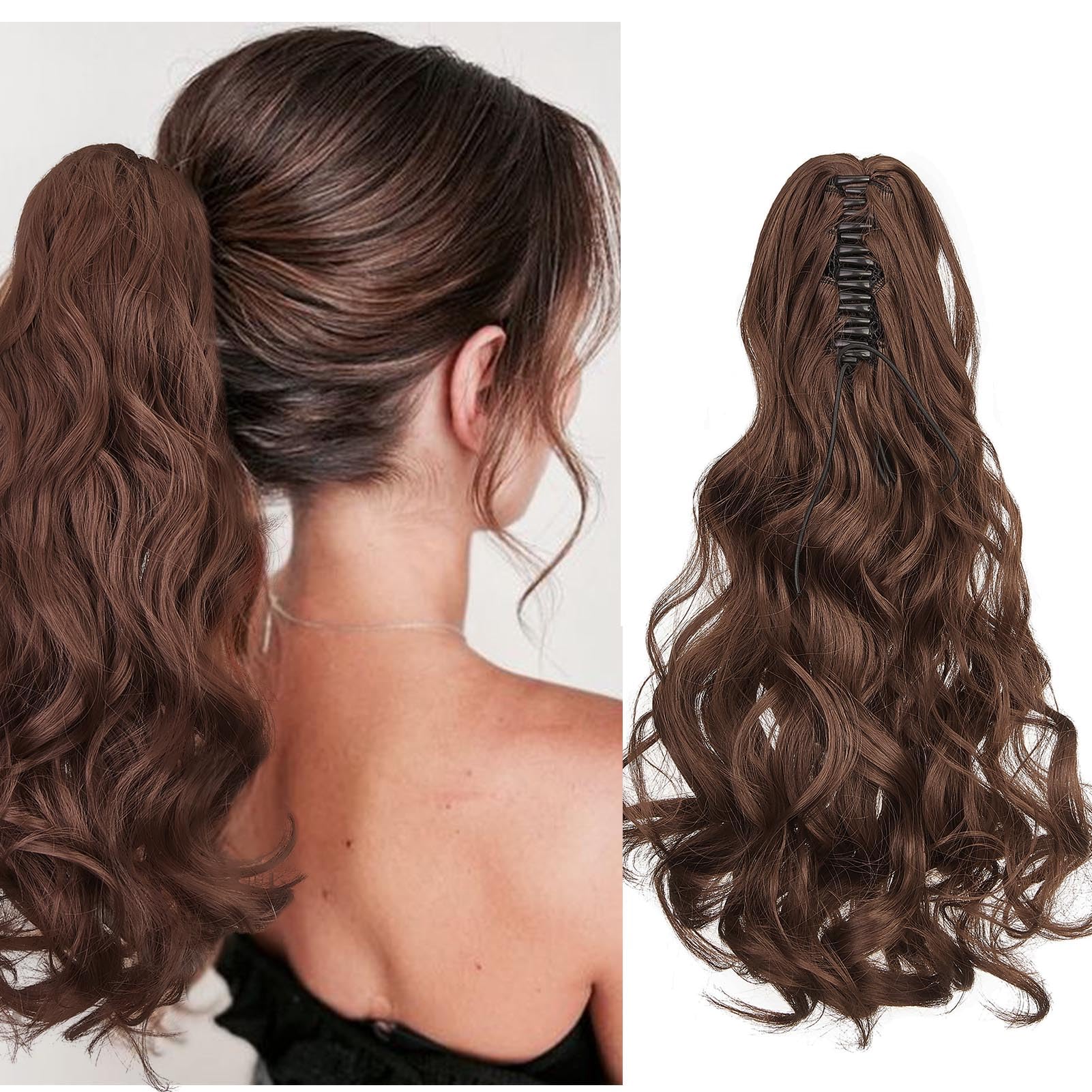 Cybelleza Ponytail Extension Curly Wavy Claw Jaw Pony Tail 18" One Piece Clip in Hair Extensions Ponytail Hairpiece Synthetic Long Natural for Women, Dark Auburn