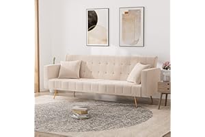 OUYESSIR Velvet Futon Sofa Bed with 2 Pillows, Convertible Futon Couch, Sturdy Sleeper Sofa in 71 inch, Small Futon Sofas (Beige)