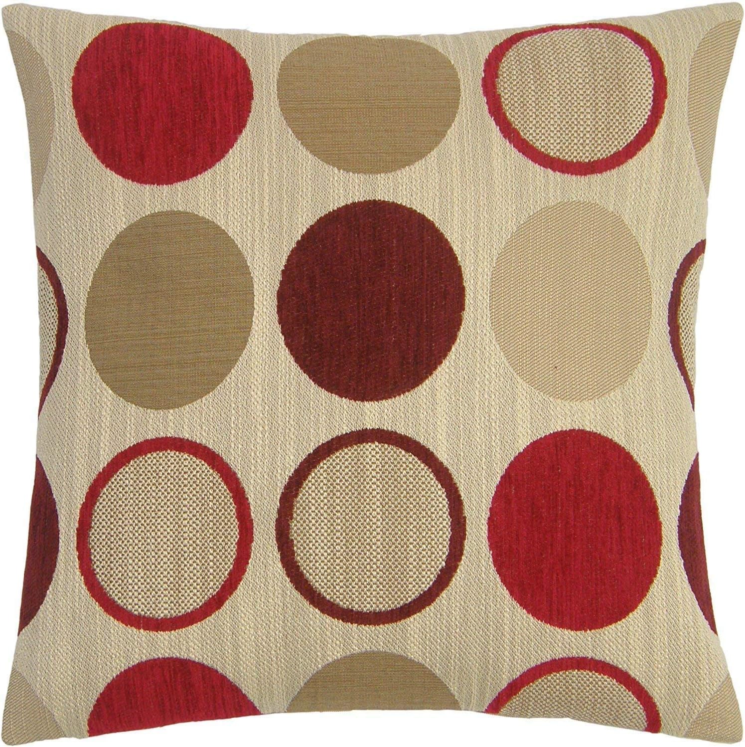 FUNKY RETRO RED CREAM BEIGE SPOT CIRCLE CHENILLE 18" THICK CUSHION COVER