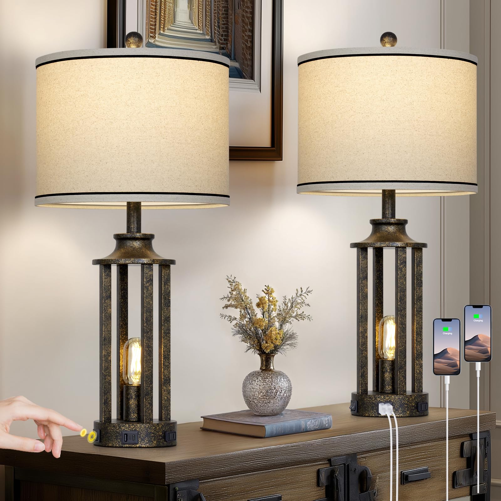Photo 1 of 27.5" Bronze Farmhouse Table Lamps for Living Room, Tall Vintage Lamps Set of 2 with USB A+C Charging Port & AC Outlet, Rustic Bedside Lamp with Night Light, Bedroom Lamp for Nightstand Side End Table