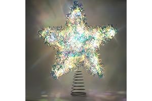 LAWOHO Christmas Tree Topper Star, Exquisite Christmas Decor, 10 Inch Shiny Iridescent Christmas Tree Decoration with 6H Timer, 20 Warm LED Lights for Xmas Tree, Holiday & Party, Indoor Decor