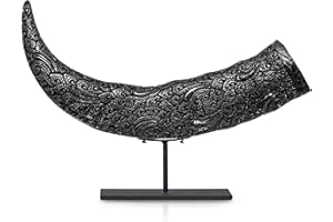 Skull Bliss - Authentic Real Buffalo Horn - Dewi/Carved Horn on Stand - Norse Decor/Unique Viking Home Table and Desk Decor/Decorative Horn Sculpture