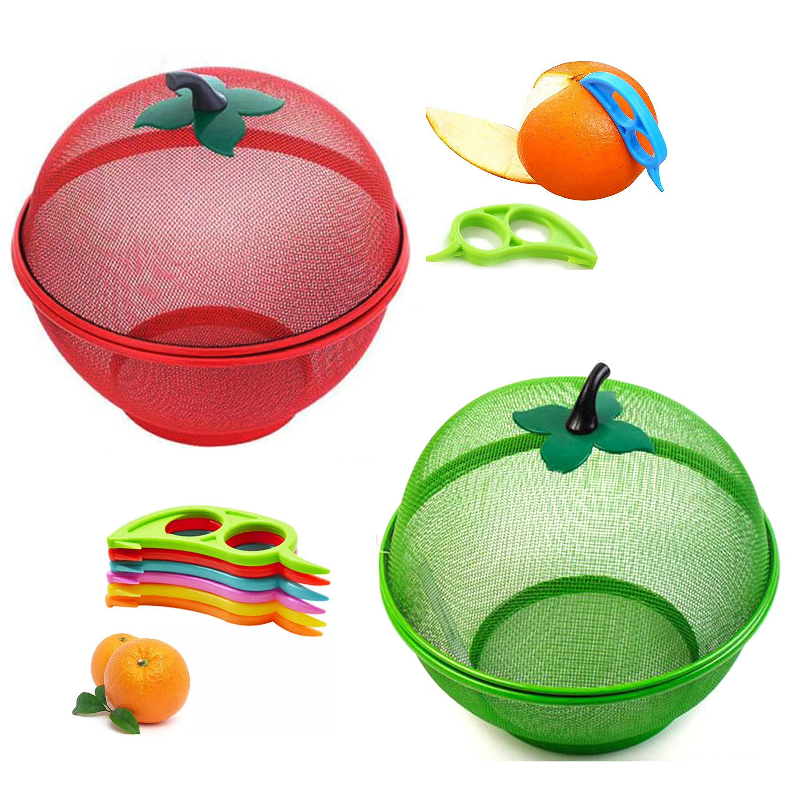 HK Online 1 RED & 1 Green Apple Mesh Fresh Fruits Basket & Ring Citrus Peeler, Fruit Bowl, Decorative Tablepiece -Keep Unwanted Pets, Bugs & Insects Out (1 RED & 1 Green)