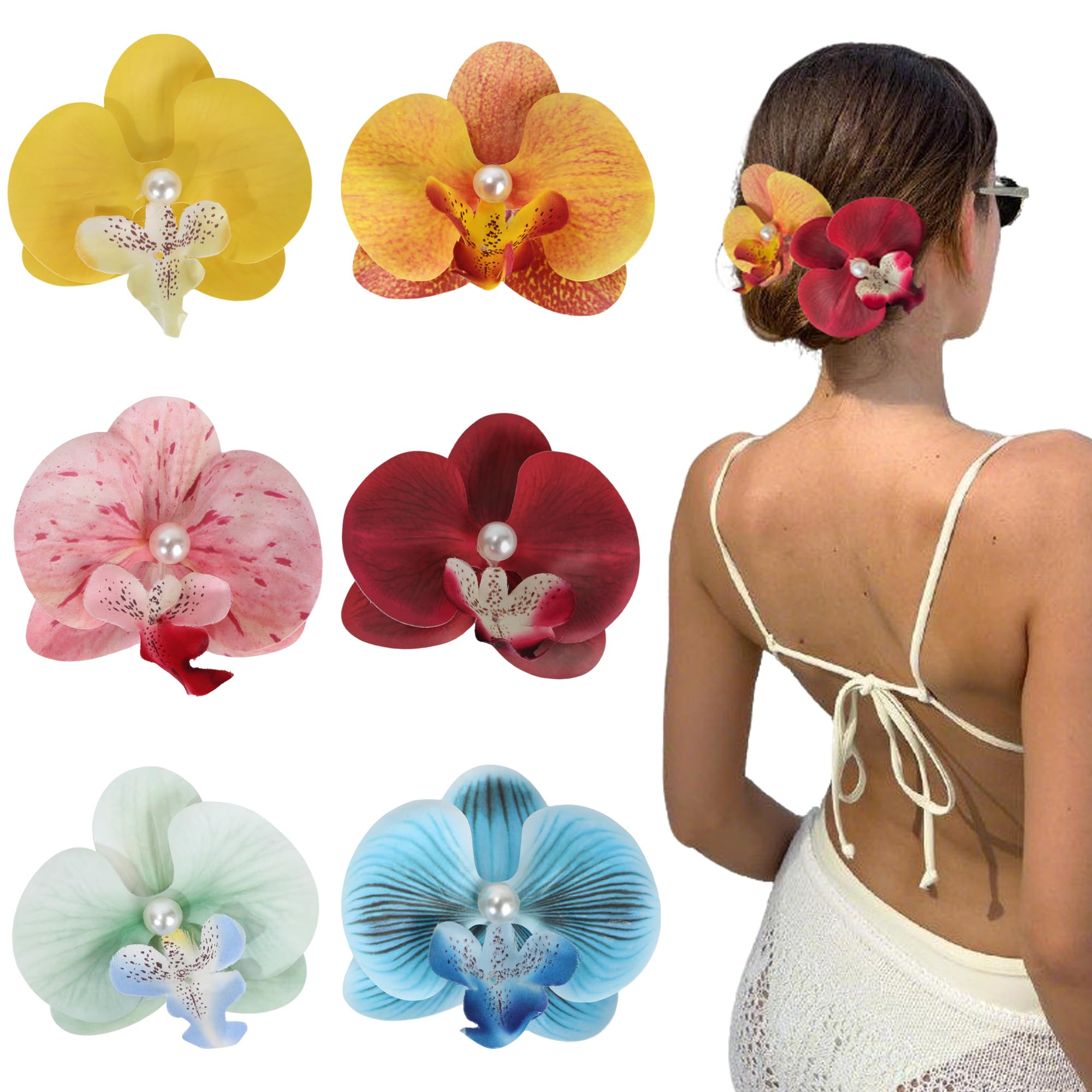 Photo 1 of 6-Pack Flower Hair Clips - Hawaiian Tropical Orchid Hair Clips Bohemian Hairpins with Artificial Silk Flowers for Women Beach Wedding Accessories &Summer Vacation?Yellow Red Blue?