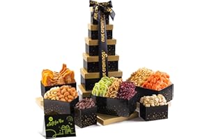 NUT CRAVINGS - Holiday Xmas Christmas Dried Fruit & Mixed Nuts Gift Basket in Black Tower + Ribbon (12 Assortments) Food Arrangement, Healthy Snack Care Package