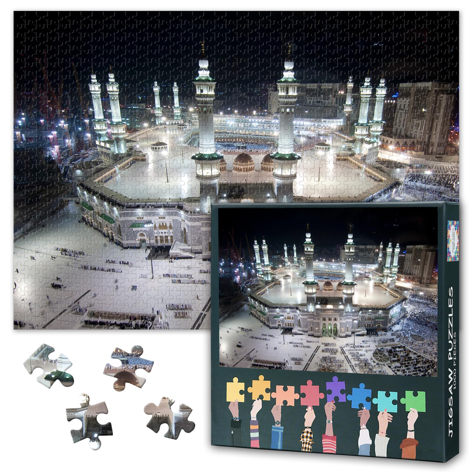 Jigsaw Puzzle 1000 Piece Set for Adults Mecca Grand Mosque Tawaf Scene Muslims Praying Around Kaaba Islamic Spiritual Artwork Large Size Wall Decor 27.5x19.7 Inch
