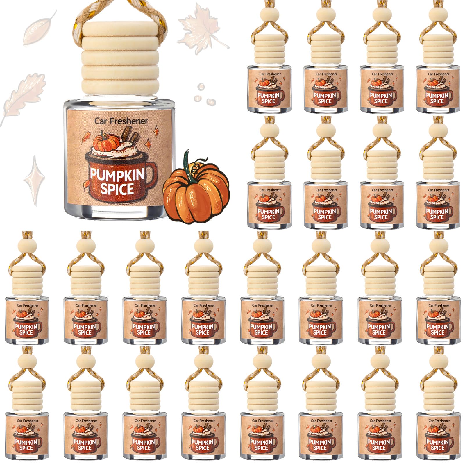 Photo 1 of 25 Pcs Halloween Fall Car Diffuser Bottles Empty Bulk Spice Pumpkin Air Freshener for Car Oil Diffusers Halloween Fall Autumn Thanksgiving Party Gifts Basket Stuffers Goodie Bag Favors for Women Men