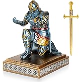 Akulgaci Medieval Knight Pen Holder with Sword, Kneeling King's Guard Warrior Pencil Stand Office Accessories Cool Fancy Desk Decor Gift for Men Dad Husband Boss Boyfriend Him- Leader Cloak Style