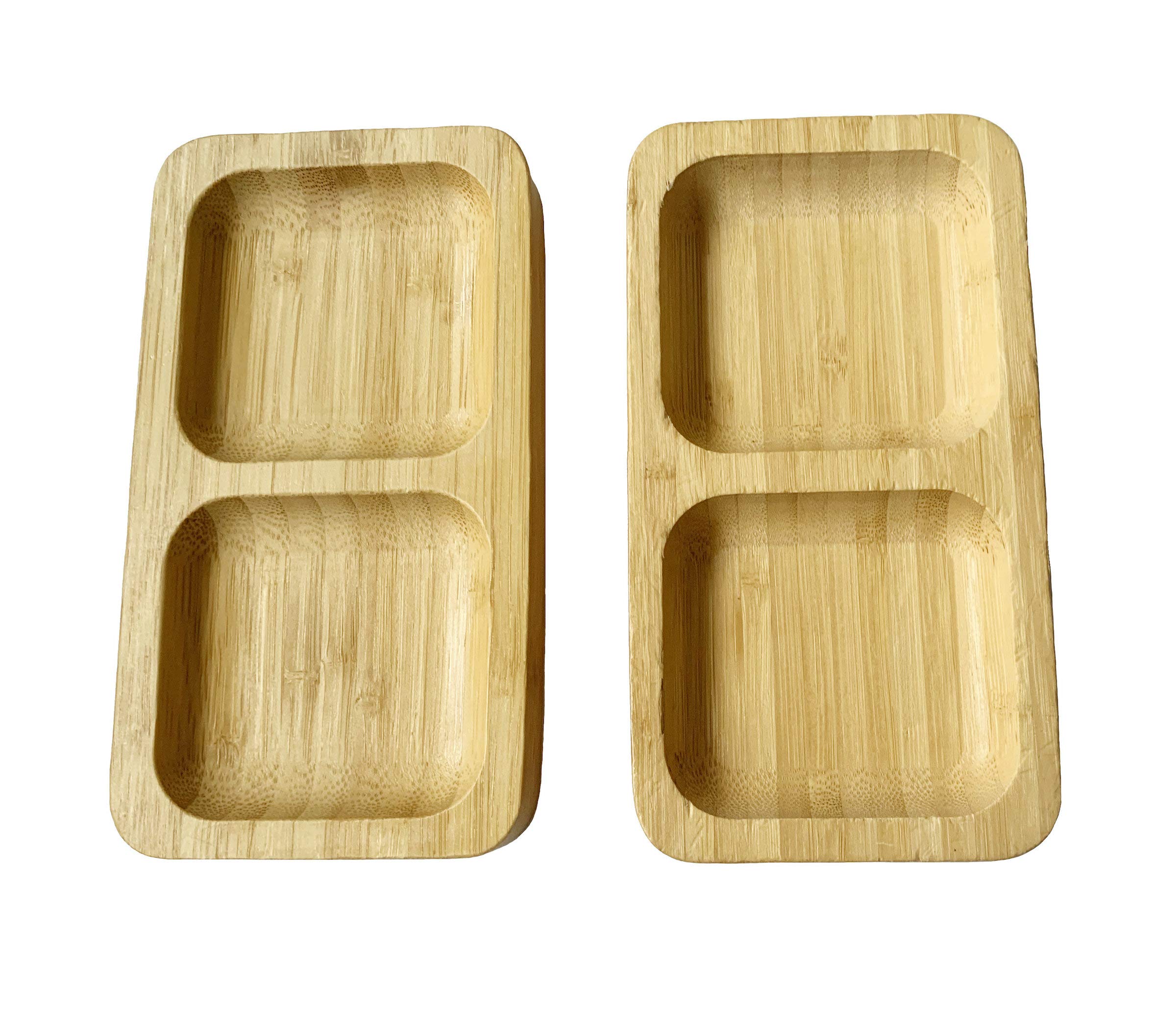 Ecowonder Natural Bamboo Wooden Small Serving Platters Dual Square Snack Tray Set (Set of 2) - Sauce Dishes Set - Party Food Platter Plates for Nibbles Tapas Cheese Sushi Dips Sauce Bowl Side Plates