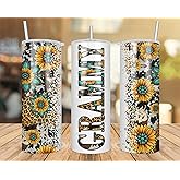 QPTADesignGift Grammy Sunflower Turquoise Gemstone And Leopard - Grammy Skinny Tumbler Cowhide Distressed Tumbler - Western Tumbler 20Oz Skinny Tumbler - Grammy Gift